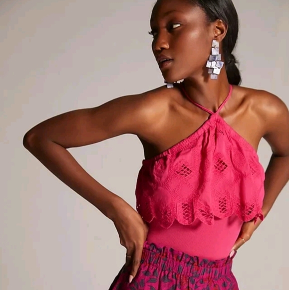 Anthropologie Ruffled Halter Top Womens XS Pink Embroidered Crochet Tank Blouse - Picture 5 of 16